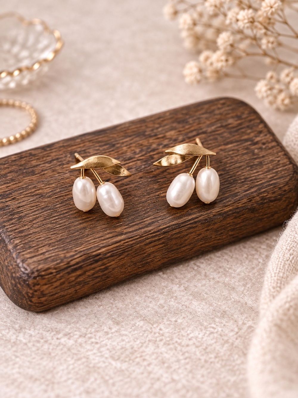 Gold Leaf Freshwater Pearl Stud Earrings - Women Jewelry